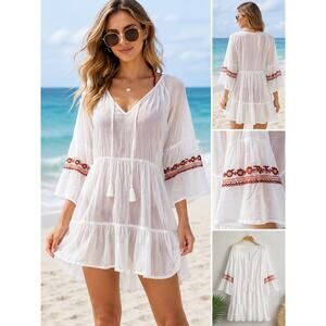 Raga White Boho Embroidered Beach Cover Up Tunic Dress NWT Small